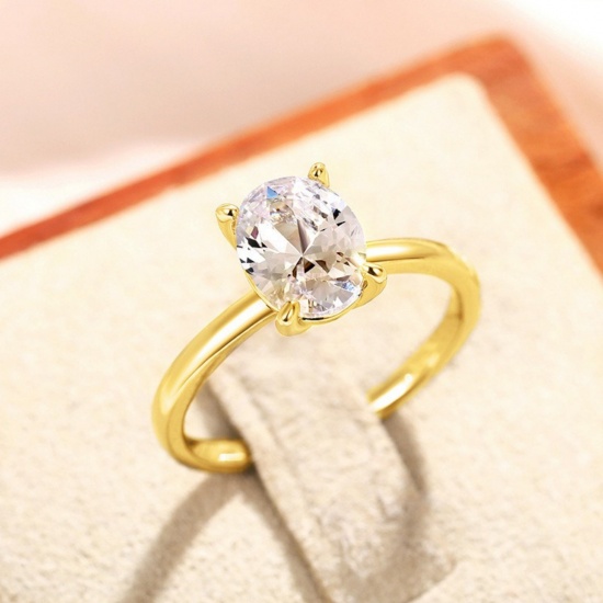 Picture of Wholesale Women's Wedding Clear Cubic Zirconia Unadjustable Rings, 18K Gold Plated Brass, Exquisite Stylish Jewelry Supply, 17.3mm(US Size 7), 1 Piece