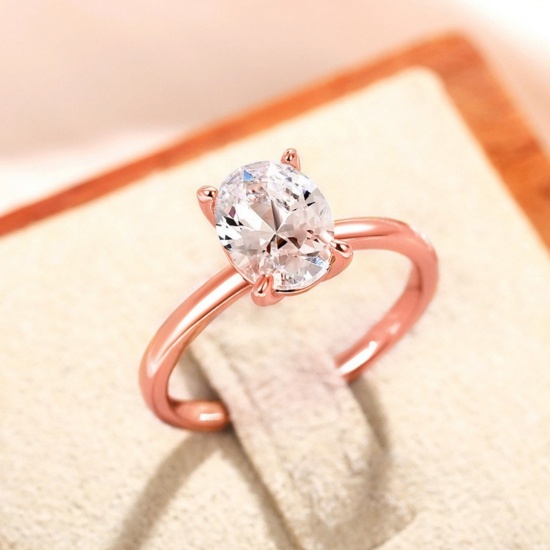 Picture of Wholesale Women's Wedding Clear Cubic Zirconia Unadjustable Rings, Rose Gold Brass, Exquisite Stylish Jewelry Supply, 19.7mm(US Size 10), 1 Piece