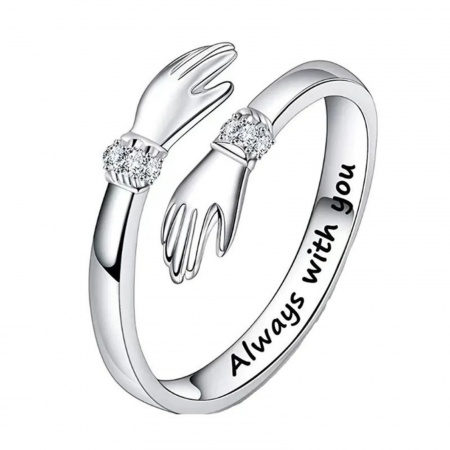 Picture of Wholesale Women's Gift Hand Message " Always With You " Clear Rhinestone Open Adjustable Rings, Platinum Plated Brass, Exquisite Stylish Jewelry Supply, 1 Piece