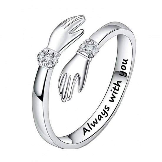 Picture of Wholesale Women's Gift Hand Message " Always With You " Clear Rhinestone Open Adjustable Rings, Platinum Plated Brass, Exquisite Stylish Jewelry Supply, 1 Piece