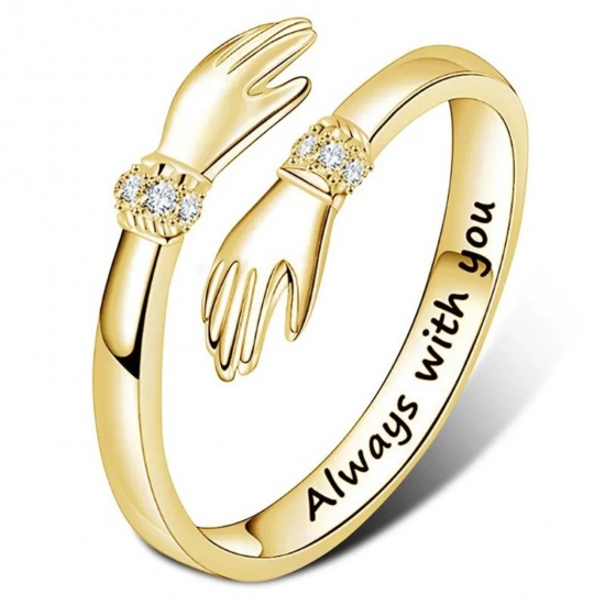 Picture of Wholesale Women's Gift Hand Message " Always With You " Clear Rhinestone Open Adjustable Rings, 18K Gold Plated Brass, Exquisite Stylish Jewelry Supply, 1 Piece
