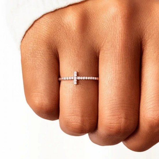 Picture of Wholesale Women's Gift Cross Clear Rhinestone Unadjustable Rings, Platinum Plated Brass, Punk Minimalist Jewelry Supply, 17.3mm(US Size 7), 1 Piece