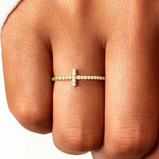 Picture of Wholesale Women's Gift Cross Clear Rhinestone Unadjustable Rings, 18K Gold Plated Brass, Punk Minimalist Jewelry Supply, 18.9mm(US Size 9), 1 Piece