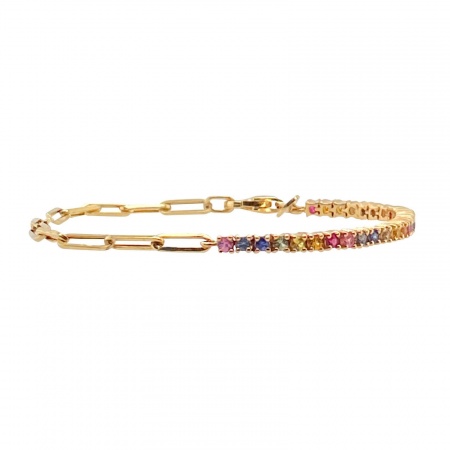 Picture of Wholesale Multicolor Rhinestone Brass Paperclip Link Chain Half Tennis Bracelet, 18K Gold Plated Women's Exquisite Stylish Gift Jewelry Supply, 24cm(9.4") long, 1 Piece