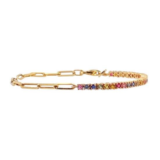 Picture of Wholesale Multicolor Rhinestone Brass Paperclip Link Chain Half Tennis Bracelet, 18K Gold Plated Women's Exquisite Stylish Gift Jewelry Supply, 24cm(9.4") long, 1 Piece