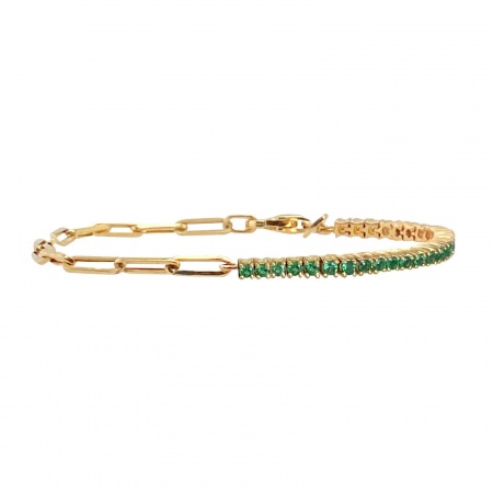 Picture of Wholesale Green Rhinestone Brass Paperclip Link Chain Half Tennis Bracelet, 18K Gold Plated Women's Exquisite Stylish Gift Jewelry Supply, 24cm(9.4") long, 1 Piece