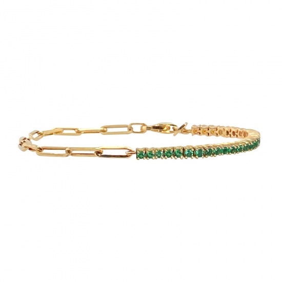 Picture of Wholesale Green Rhinestone Brass Paperclip Link Chain Half Tennis Bracelet, 18K Gold Plated Women's Exquisite Stylish Gift Jewelry Supply, 24cm(9.4") long, 1 Piece