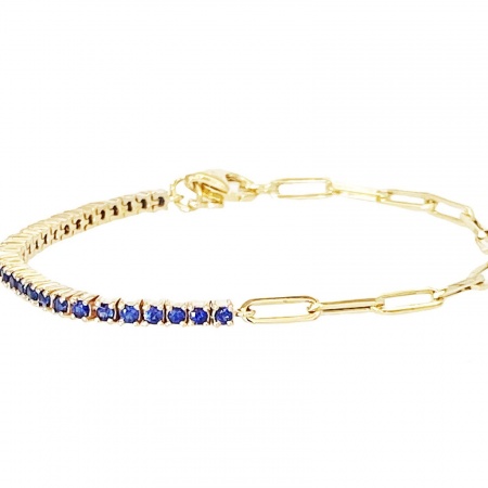 Picture of Wholesale Blue Rhinestone Brass Paperclip Link Chain Half Tennis Bracelet, 18K Gold Plated Women's Exquisite Stylish Gift Jewelry Supply, 24cm(9.4") long, 1 Piece