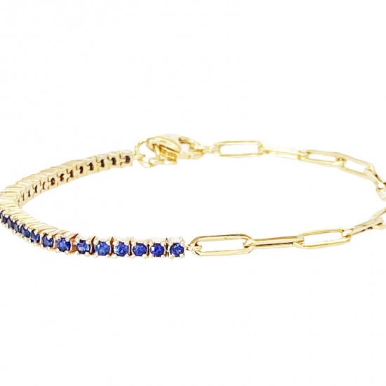 Picture of Wholesale Blue Rhinestone Brass Paperclip Link Chain Half Tennis Bracelet, 18K Gold Plated Women's Exquisite Stylish Gift Jewelry Supply, 24cm(9.4") long, 1 Piece