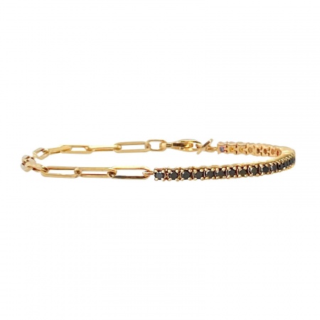 Picture of Wholesale Black Rhinestone Brass Paperclip Link Chain Half Tennis Bracelet, 18K Gold Plated Women's Exquisite Stylish Gift Jewelry Supply, 24cm(9.4") long, 1 Piece