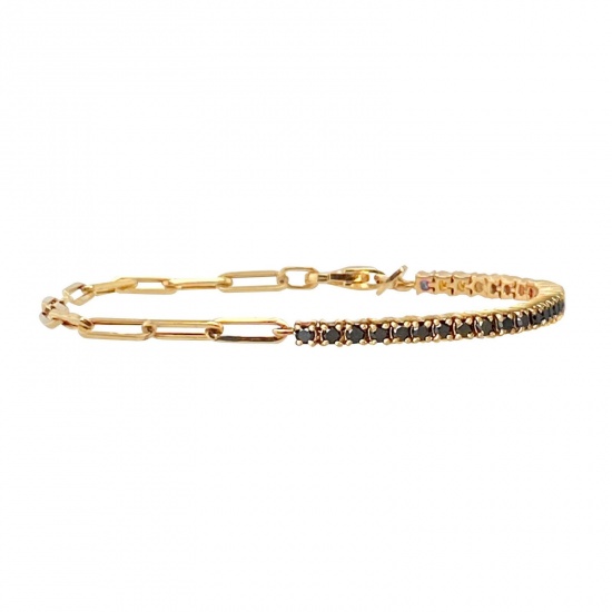 Picture of Wholesale Black Rhinestone Brass Paperclip Link Chain Half Tennis Bracelet, 18K Gold Plated Women's Exquisite Stylish Gift Jewelry Supply, 24cm(9.4") long, 1 Piece