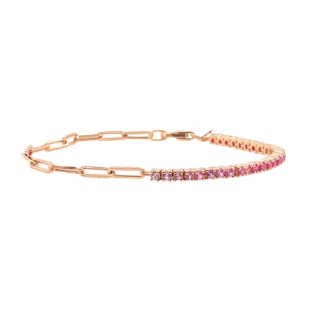 Picture of Wholesale Fuchsia Rhinestone Brass Paperclip Link Chain Half Tennis Bracelet, 18K Gold Plated Women's Exquisite Stylish Gift Jewelry Supply, 24cm(9.4") long, 1 Piece
