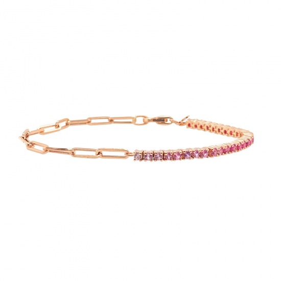 Picture of Wholesale Fuchsia Rhinestone Brass Paperclip Link Chain Half Tennis Bracelet, 18K Gold Plated Women's Exquisite Stylish Gift Jewelry Supply, 24cm(9.4") long, 1 Piece