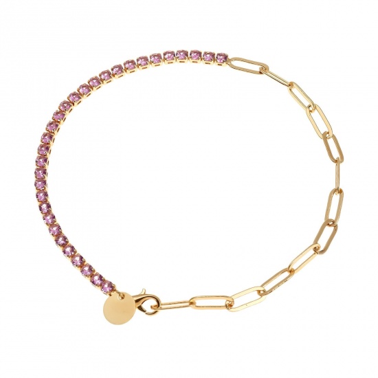 Picture of Wholesale Pink Rhinestone Brass Paperclip Link Chain Half Tennis Bracelet, 18K Gold Plated Women's Exquisite Stylish Gift Jewelry Supply, 24cm(9.4") long, 1 Piece
