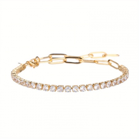 Picture of Wholesale Clear Rhinestone Brass Paperclip Link Chain Half Tennis Bracelet, 18K Gold Plated Women's Exquisite Stylish Gift Jewelry Supply, 24cm(9.4") long, 1 Piece