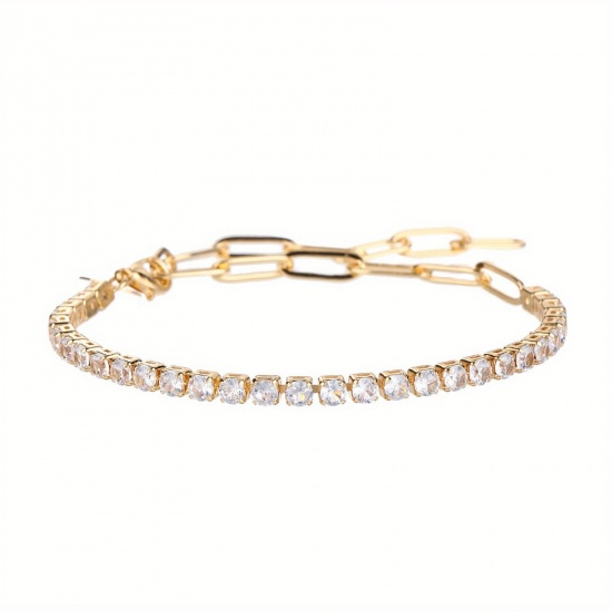 Picture of Wholesale Clear Rhinestone Brass Paperclip Link Chain Half Tennis Bracelet, 18K Gold Plated Women's Exquisite Stylish Gift Jewelry Supply, 24cm(9.4") long, 1 Piece