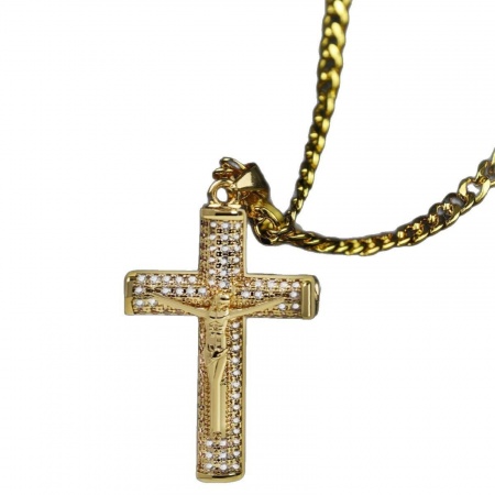 Immagine di Cristo Gesù Croce Crocifisso Trasparente Strass Collana con Ciondolo All'Ingrosso, Oro Placcato Ottone Catena del Barbazzale, Donne Ecologico Religione Elegante Regalo Gioielli Per Rivenditore, 49cm Lunghezza, 1 Pz