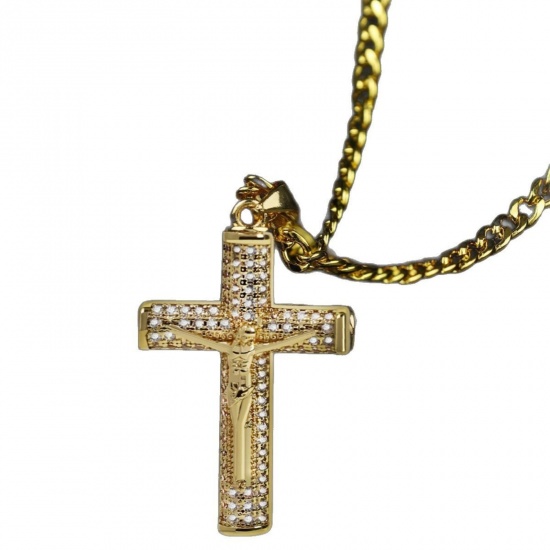 Picture of Wholesale Christ Jesus Cross Crucifix Clear Rhinestone Pendant Charm Necklace, Gold Plated Brass Curb Link Chain, Women's Eco-friendly Religious Stylish Gift Jewelry For Retailer, 49cm(19.3") long, 1 Piece