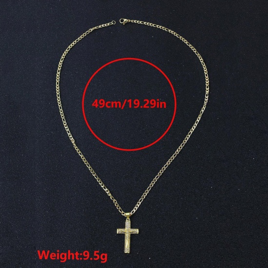 Picture of Wholesale Christ Jesus Cross Crucifix Clear Rhinestone Pendant Charm Necklace, Gold Plated Brass Curb Link Chain, Women's Eco-friendly Religious Stylish Gift Jewelry For Retailer, 49cm(19.3") long, 1 Piece