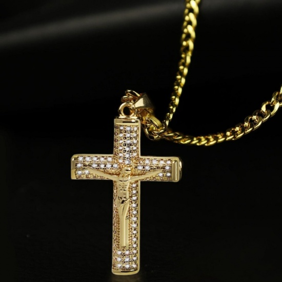 Picture of Wholesale Christ Jesus Cross Crucifix Clear Rhinestone Pendant Charm Necklace, Gold Plated Brass Curb Link Chain, Women's Eco-friendly Religious Stylish Gift Jewelry For Retailer, 49cm(19.3") long, 1 Piece