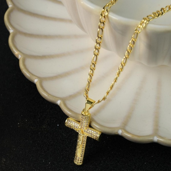 Picture of Wholesale Christ Jesus Cross Crucifix Clear Rhinestone Pendant Charm Necklace, Gold Plated Brass Curb Link Chain, Women's Eco-friendly Religious Stylish Gift Jewelry For Retailer, 49cm(19.3") long, 1 Piece