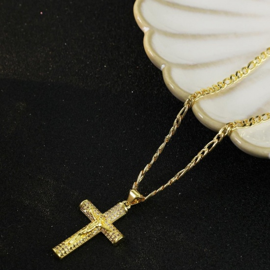 Picture of Wholesale Christ Jesus Cross Crucifix Clear Rhinestone Pendant Charm Necklace, Gold Plated Brass Curb Link Chain, Women's Eco-friendly Religious Stylish Gift Jewelry For Retailer, 49cm(19.3") long, 1 Piece