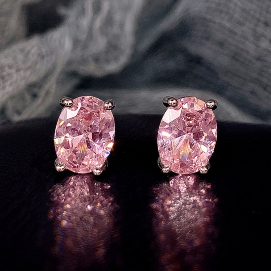 Bild von Großhandel Exquisit Stilvoll Ohrring Ohrstecker, Oval Rosa Strassstein Platin Plattiert Messing, Frauen Geschenk Schmuckbedarf, 9mm x 6mm, 1 Paar