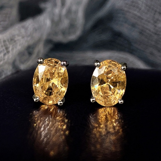 Bild von Großhandel Exquisit Stilvoll Ohrring Ohrstecker, Oval Gelb Strassstein Platin Plattiert Messing, Frauen Geschenk Schmuckbedarf, 9mm x 6mm, 1 Paar