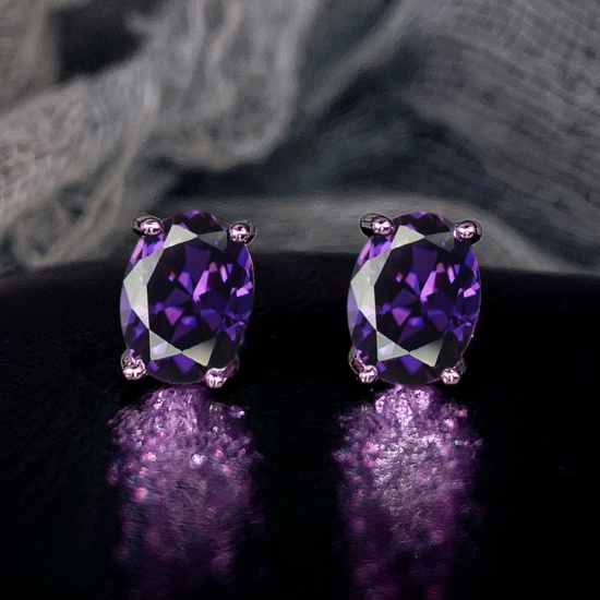 Bild von Großhandel Exquisit Stilvoll Ohrring Ohrstecker, Oval Amethyst Strassstein Platin Plattiert Messing, Frauen Geschenk Schmuckbedarf, 9mm x 6mm, 1 Paar