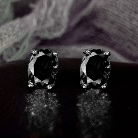 Bild von Großhandel Exquisit Stilvoll Ohrring Ohrstecker, Oval Schwarz Strassstein Platin Plattiert Messing, Frauen Geschenk Schmuckbedarf, 9mm x 6mm, 1 Paar