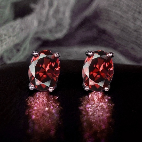 Bild von Großhandel Exquisit Stilvoll Ohrring Ohrstecker, Oval Rot Strassstein Platin Plattiert Messing, Frauen Geschenk Schmuckbedarf, 9mm x 6mm, 1 Paar