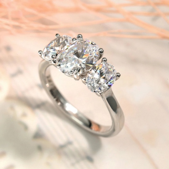 Picture of Wholesale Women's Wedding Clear Cubic Zirconia Unadjustable Rings, Platinum Plated Brass, Exquisite Stylish Jewelry Supply, 19.7mm(US Size 10), 1 Piece