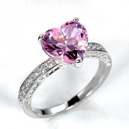 Picture of Wholesale Women's Wedding Heart Pink Cubic Zirconia Unadjustable Rings, Platinum Plated Brass, Valentine's Day Stylish Jewelry Supply, 18.1mm(US Size 8), 1 Piece