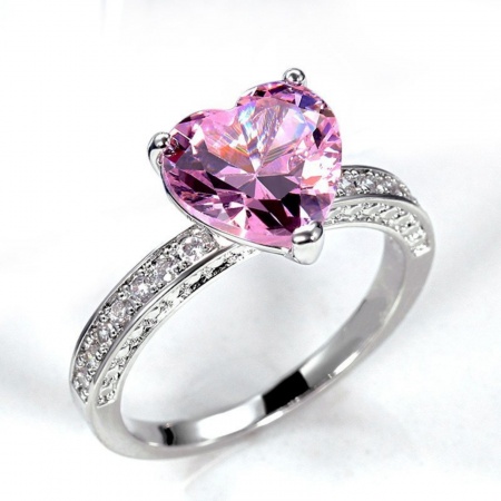 Picture of Wholesale Women's Wedding Heart Pink Cubic Zirconia Unadjustable Rings, Platinum Plated Brass, Valentine's Day Stylish Jewelry Supply, 19.7mm(US Size 10), 1 Piece