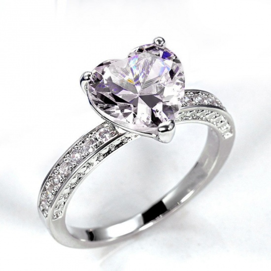 Picture of Wholesale Women's Wedding Heart Clear Cubic Zirconia Unadjustable Rings, Platinum Plated Brass, Valentine's Day Stylish Jewelry Supply, 18.9mm(US Size 9), 1 Piece
