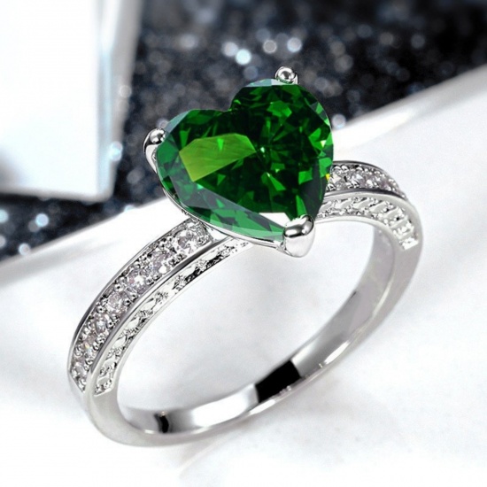 Picture of Wholesale Women's Wedding Heart Green Cubic Zirconia Unadjustable Rings, Platinum Plated Brass, Valentine's Day Stylish Jewelry Supply, 18.9mm(US Size 9), 1 Piece