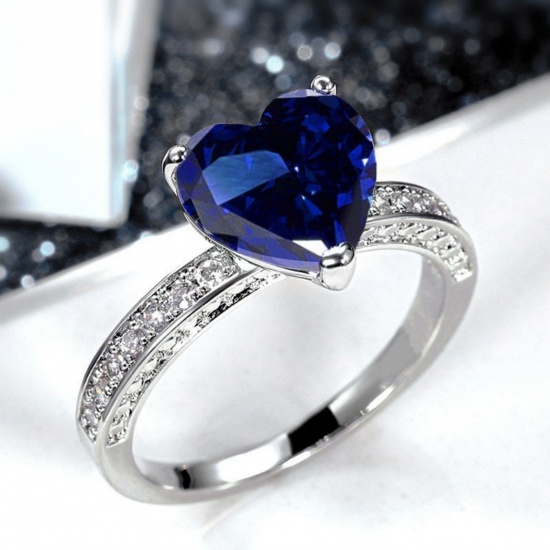 Picture of Wholesale Women's Wedding Heart Deep Blue Cubic Zirconia Unadjustable Rings, Platinum Plated Brass, Valentine's Day Stylish Jewelry Supply, 18.9mm(US Size 9), 1 Piece