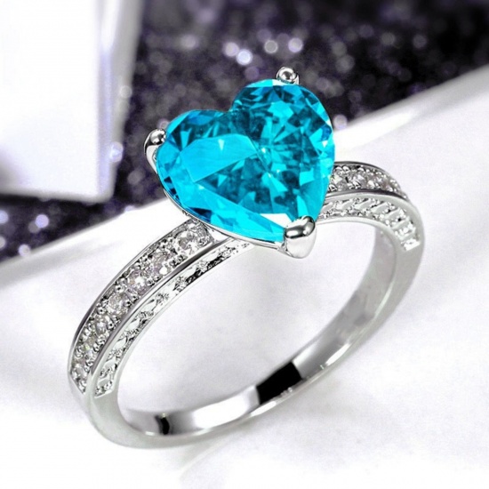 Picture of Wholesale Women's Wedding Heart Light Blue Cubic Zirconia Unadjustable Rings, Platinum Plated Brass, Valentine's Day Stylish Jewelry Supply, 19.7mm(US Size 10), 1 Piece