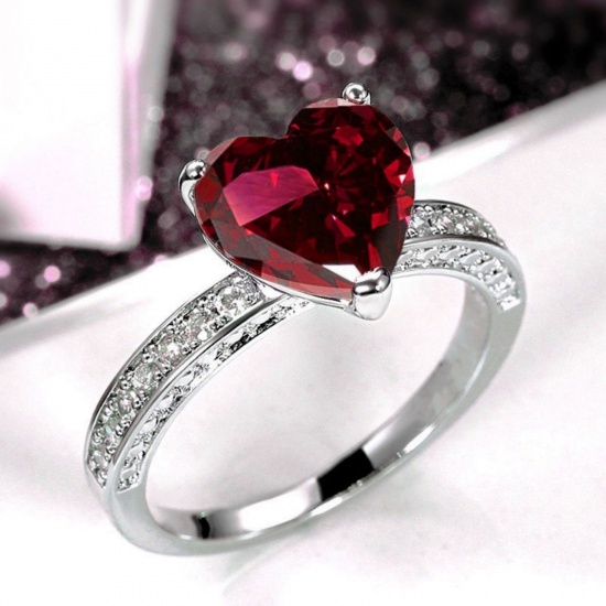 Picture of Wholesale Women's Wedding Heart Red Cubic Zirconia Unadjustable Rings, Platinum Plated Brass, Valentine's Day Stylish Jewelry Supply, 18.1mm(US Size 8), 1 Piece