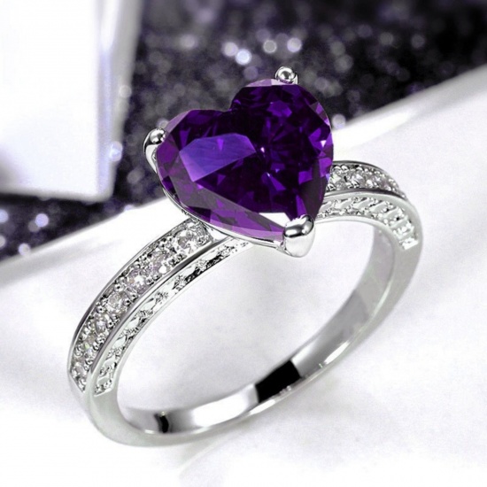 Picture of Wholesale Women's Wedding Heart Purple Cubic Zirconia Unadjustable Rings, Platinum Plated Brass, Valentine's Day Stylish Jewelry Supply, 16.5mm(US Size 6), 1 Piece
