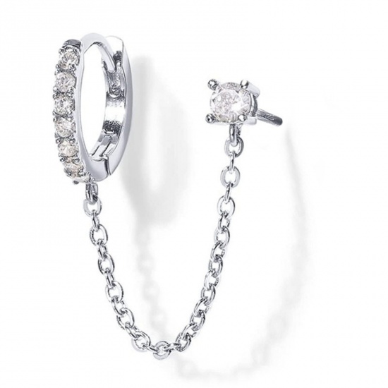 Picture of Wholesale Hip-Hop Stylish Huggie Hoop Earrings, Clear Cubic Zirconia Platinum Plated Brass, Women's Gift Jewelry Supply, 14mm Dia., 1 Piece