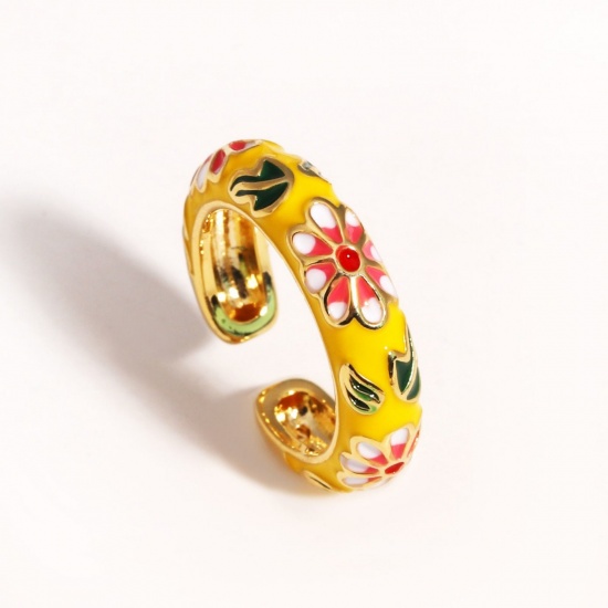 Picture of Wholesale Women's Gift Flower Yellow Enamel Open Adjustable Rings, 18K Gold Plated Brass, Exquisite Stylish Jewelry Supply, 17.3mm(US Size 7), 1 Piece