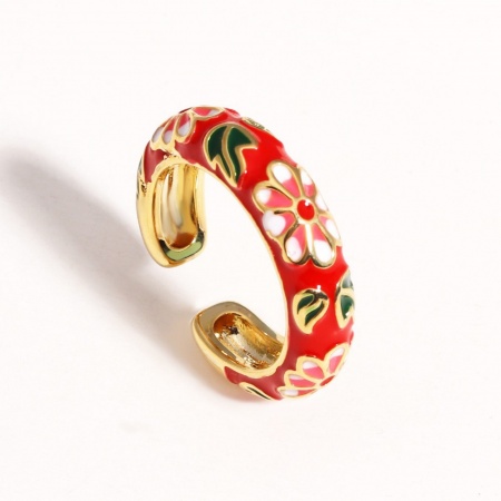 Picture of Wholesale Women's Gift Flower Red Enamel Open Adjustable Rings, 18K Gold Plated Brass, Exquisite Stylish Jewelry Supply, 17.3mm(US Size 7), 1 Piece