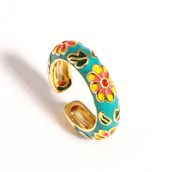 Picture of Wholesale Women's Gift Flower Green Enamel Open Adjustable Rings, 18K Gold Plated Brass, Exquisite Stylish Jewelry Supply, 17.3mm(US Size 7), 1 Piece