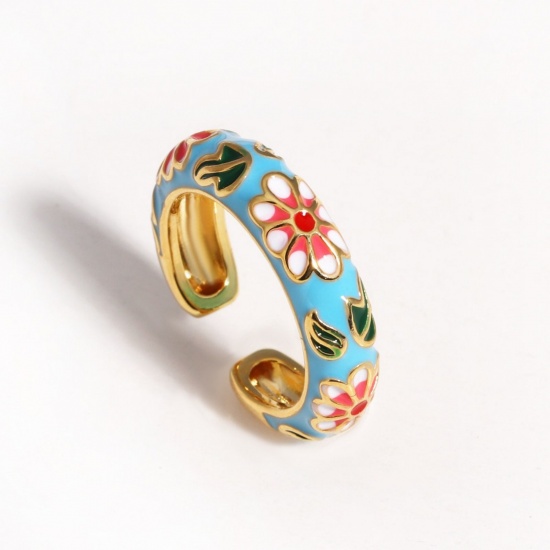 Picture of Wholesale Women's Gift Flower Blue Enamel Open Adjustable Rings, 18K Gold Plated Brass, Exquisite Stylish Jewelry Supply, 17.3mm(US Size 7), 1 Piece