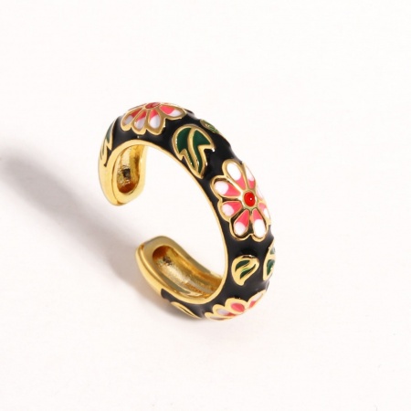 Picture of Wholesale Women's Gift Flower Black Enamel Open Adjustable Rings, 18K Gold Plated Brass, Exquisite Stylish Jewelry Supply, 17.3mm(US Size 7), 1 Piece