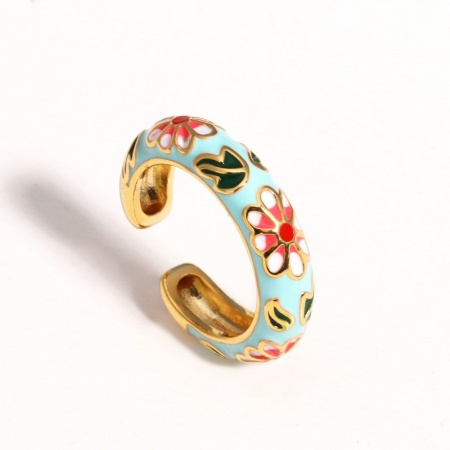 Picture of Wholesale Women's Gift Flower Light Blue Enamel Open Adjustable Rings, 18K Gold Plated Brass, Exquisite Stylish Jewelry Supply, 17.3mm(US Size 7), 1 Piece