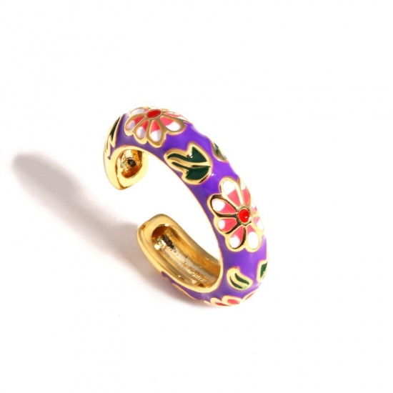 Picture of Wholesale Women's Gift Flower Purple Enamel Open Adjustable Rings, 18K Gold Plated Brass, Exquisite Stylish Jewelry Supply, 17.3mm(US Size 7), 1 Piece