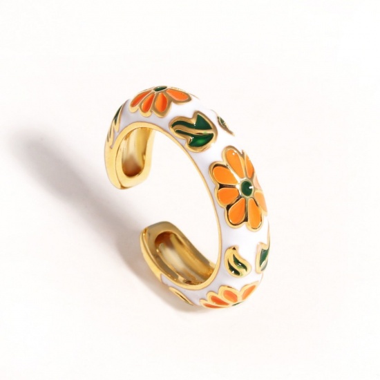Picture of Wholesale Women's Gift Flower White Enamel Open Adjustable Rings, 18K Gold Plated Brass, Exquisite Stylish Jewelry Supply, 17.3mm(US Size 7), 1 Piece