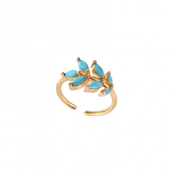 Picture of Wholesale Women's Gift Leaf Blue Cubic Zirconia Open Adjustable Rings, 18K Gold Plated Brass & Turquoise, Ins Style Stylish Jewelry Supply, 17.3mm(US Size 7), 1 Piece